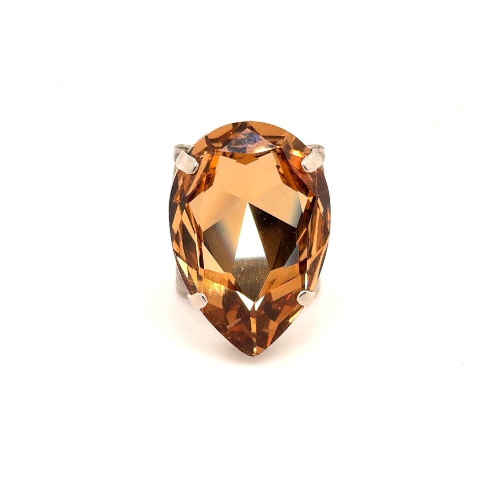 Sorrelli Amber Pear Cut Crystal Filigree Statement Ring Silver Tone Ornate Band